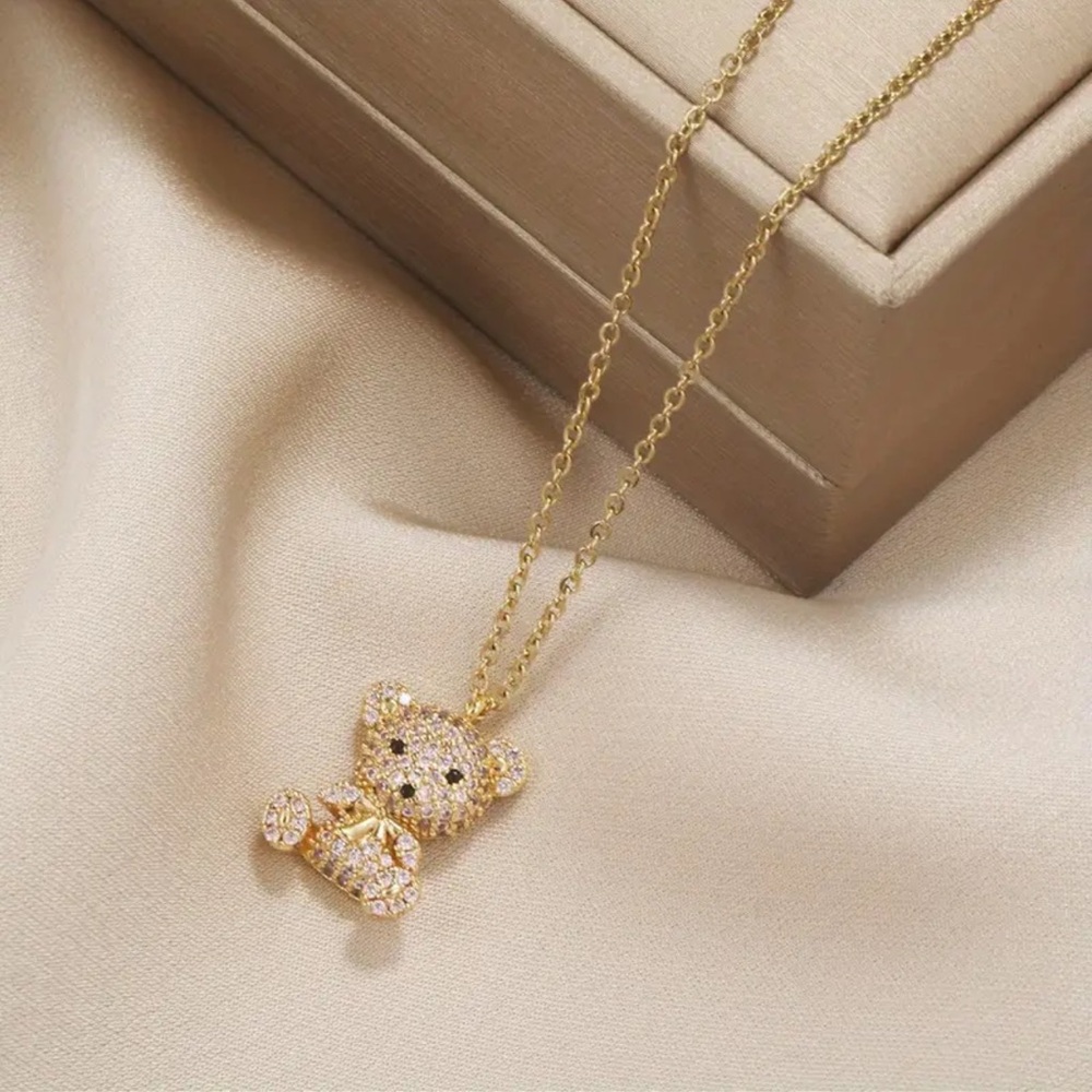 Gold Teddy Bear Necklace, Cubic Zirconia Teddy Bear Necklace